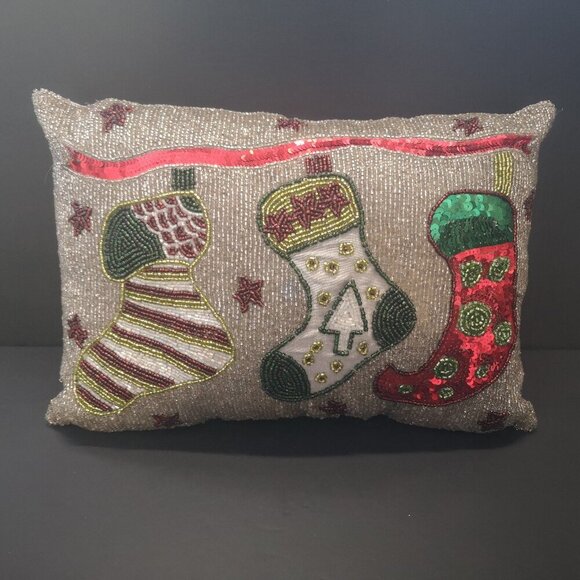 Domain Christmas Theme Bead & Sequin Embellished Stuffed 15x10" Pillow - Picture 1 of 4